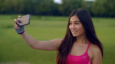 Smile Girl Taking Selfie Outdoors Close Up Of Sporty Woman Taking