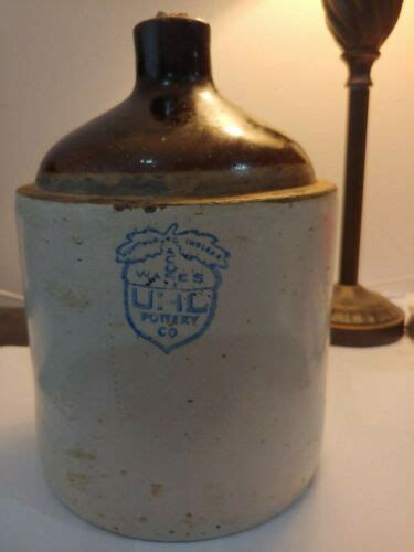 Antique Uhl Pottery Co Blue Label Acorn Wares Whiskey Jug Crock Ebay