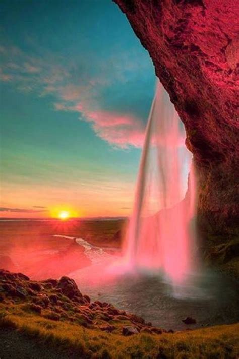 Pink Waterfalls Nature Waterfall Scenery