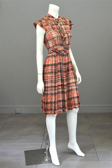 1930s Red Black Plaid Vintage Day Dress Vintagevirtuosa