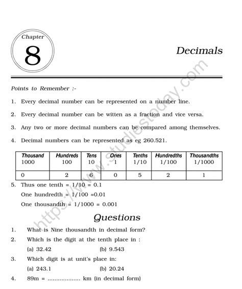 Cbse Class 6 Mental Maths Decimals Worksheet Math Fractions