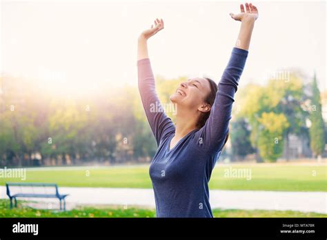 Happy Joyful Female Carefree Stretched Arms Stock Photo Alamy