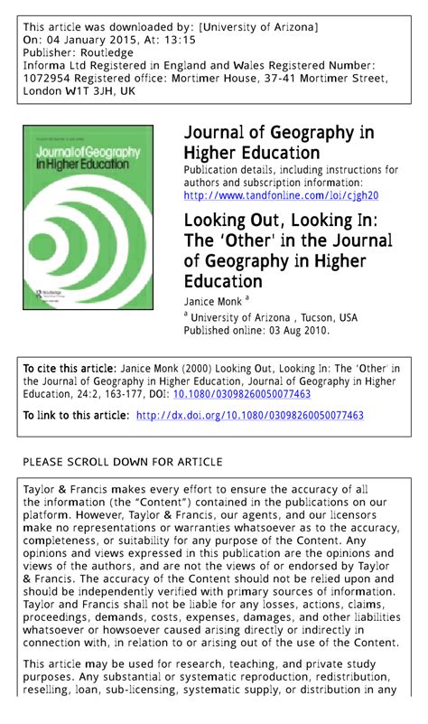 Looking Out Looking In The ‘other In The Journal Of Geography In