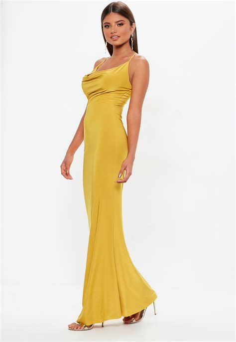 Missguided Synthetic Mustard Slinky Cowl Maxi Dress In Yellow Lyst