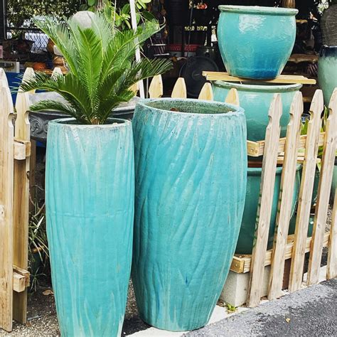 Large Blue Glazed Ceramic Planters Ethans Courtyard And Patio