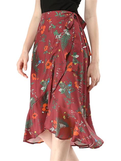unique bargains women s summer boho skirts ruffle flare tie waist high low floral wrap skirt