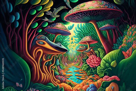 Colorful Playful Forest Scene With Mushrooms And Exotic Birds And