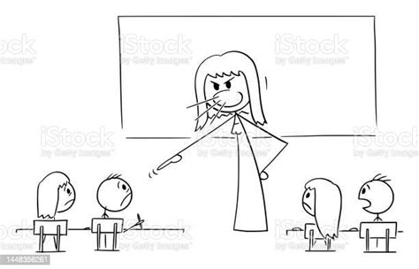 Female Teacher Yelling At Classroom Vector Cartoon Stick Figure