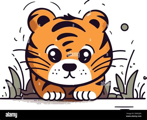 Cute Cartoon Tiger Sitting On Grass Vector Illustration In Doodle