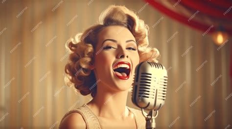 Premium Photo Generative Ai And A Singing Woman With A Retro Microphone