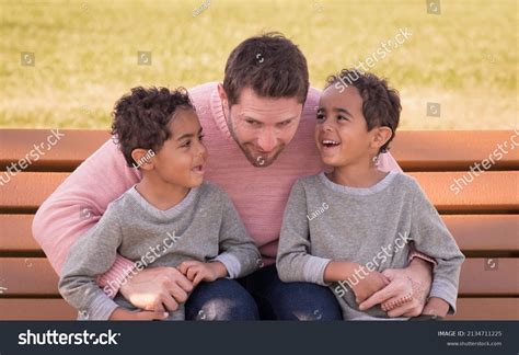White Father Listening His Laughing Cute Stock Photo 2134711225