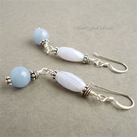 Blue Lace Agate And Angelite Earrings For Summer Light Blue Gemstone