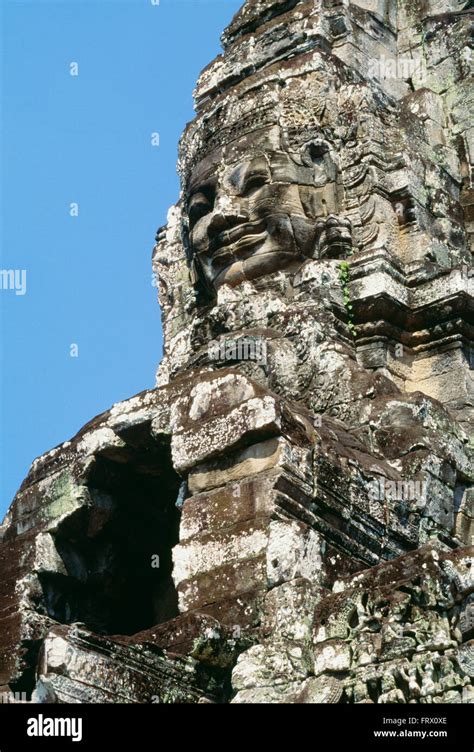 Detail Of Faces Carved In Stone The Bayon Temple Angkor Thom