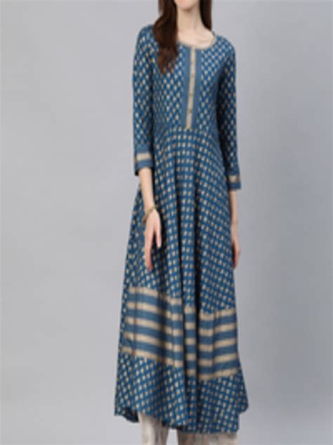 Buy Yash Gallery Women Teal Blue And Gold Toned Printed A Line Kurta