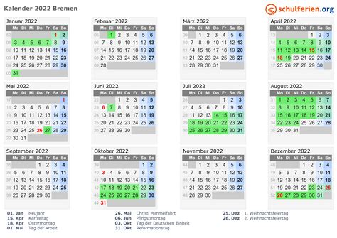 Kalender 2022 Ferien Bremen Feiertage