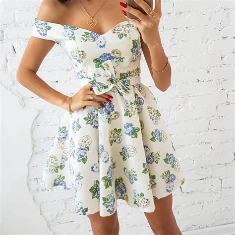 Print Flower Off Shoulder Dress 2018 Short Sleeve A Line Dress Summer Women V Neck Sexy Mini