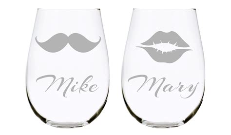 Personalized Stemless Wine Glass Set With Names With Mustache And Lips Candm Personal Ts