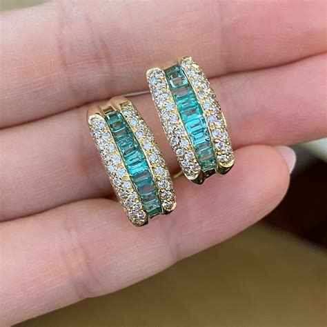 Emerald And Diamond Half Hoop Earrings In K Yellow Gold Hm