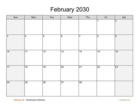 February 2030 Calendar With Weekend Shaded