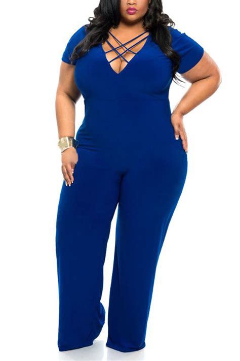 Plus Size Jumpsuit In Blue With Lace Up Detail Us Plus Size Jumpsuit Jumpsuit