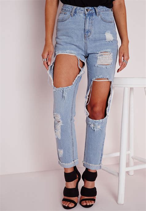 Missguided Denim Extreme Rip Mom Jeans Bleached Blue Lyst