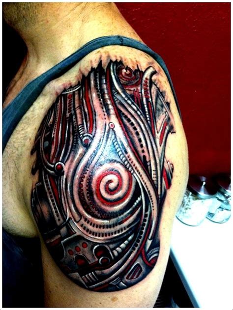 Black And Red Biomechanical Tattoo On Shoulder Tattooimages Biz