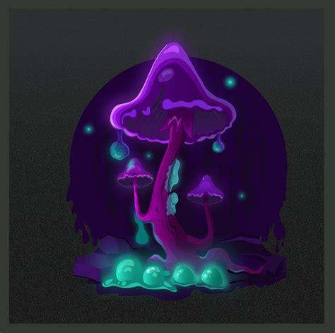 An Illustration Of A Purple Mushroom In The Dark