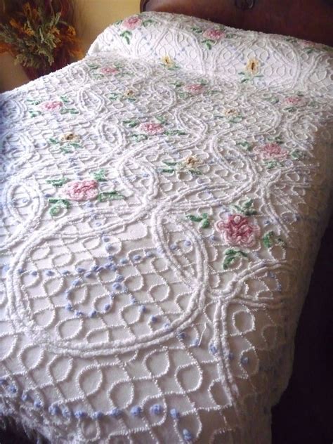 Vintage White With Multi Color Florals Chenille Bedspread Full Size 90