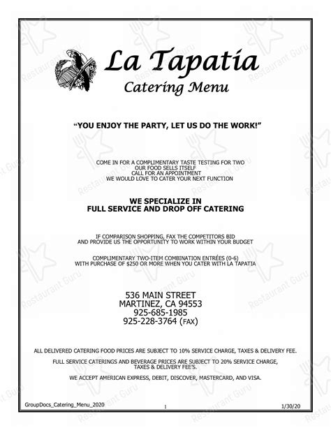 Menu At La Tapatia Méxican Restaurant And Cantina Concord Concord