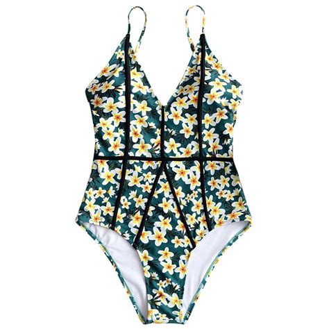 Floral One Piece Swimsuit V Neck Halter One Piece Swimwear Back Low Cut Monokini Floral Printed
