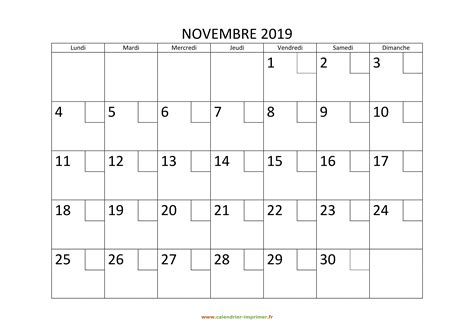Calendrier Novembre 2019 à Imprimer