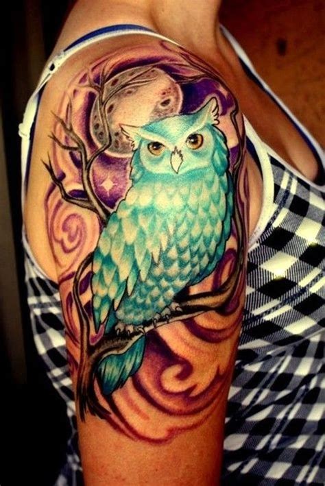 Coloured Owl Sitting On Branch Under Moon Tattoo On Shoulder Tattoos