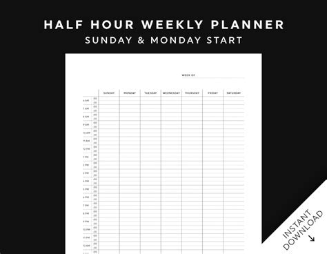 Half Hour Weekly Schedule Printable Half Hour Daily Calendar Template