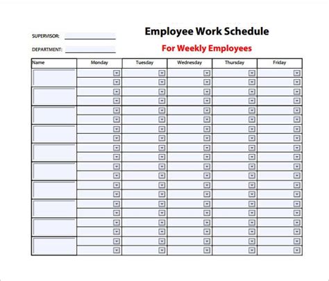 Printable Weekly Work Schedule Template Word