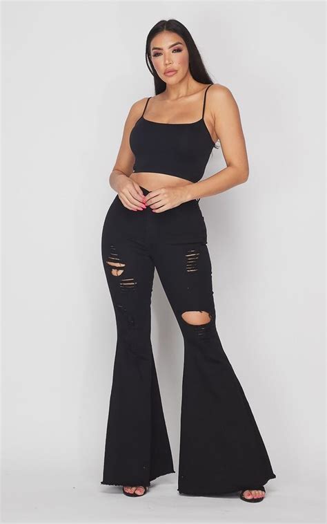 Vibrant Wide Flare Distressed Bell Bottom Jeans Black