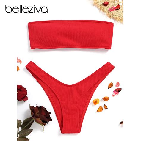 Belleziva New Ribbed High Cut Solid Color Bandeau Bikini Set Sexy Women Swimwear Beach Bathing