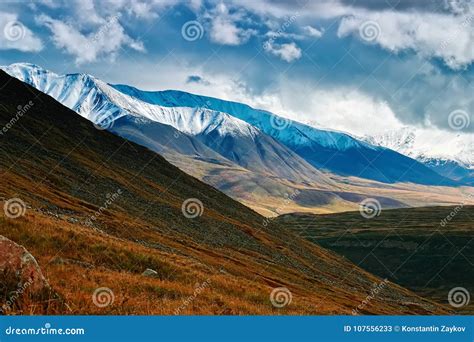 Landscape With Snow Capped Mountains Against Stock Image Image Of