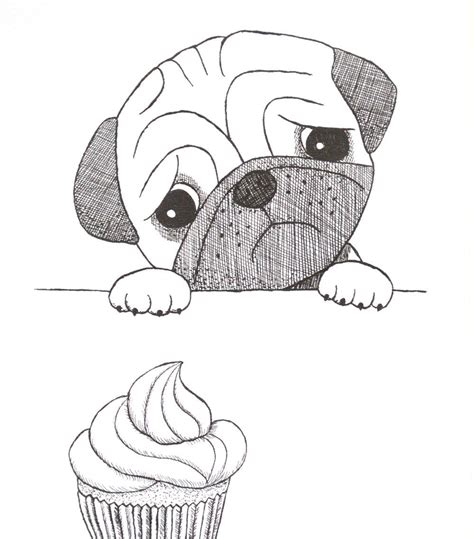 Looking for easy drawings to copy? Pug Ink Drawing Print Funny Cute Pug with Cupcake illustration Black & White Wall Art 5x7 Home ...