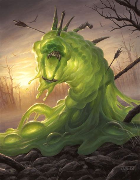A Painting Of A Green Creature In The Woods