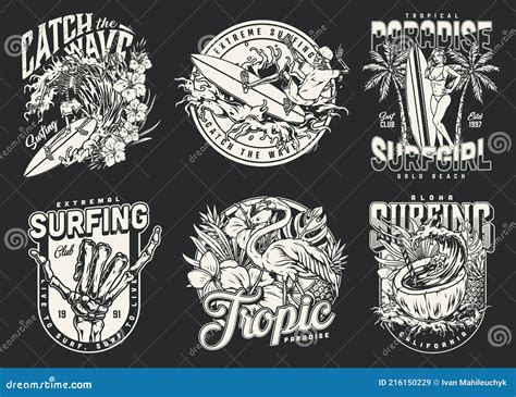 Hawaii Surfing Vintage Monochrome Emblems Stock Vector Illustration