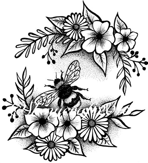 Bee And Flower Art Print From An Original Ink Drawing A5 Or Etsy Uk Bee And Flower Tattoo