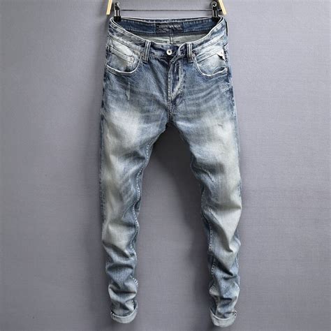 Italian Style Fashion Men Jeans Light Blue Slim Fit Denim Buttons Pants