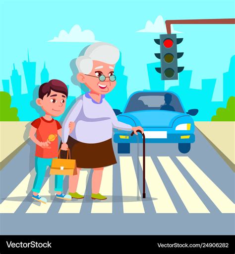 Boy Helping Senior Woman Crossing Street Vector Image