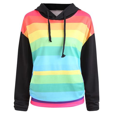 Feitong Rainbow Striped Drop Shoulder Hoodies Sweatshirt Women Clothes Long Sleeve Pullovers