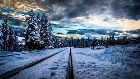Download Wallpaper 1366x768 Rails Railroad Winter Snow Hdr Tablet