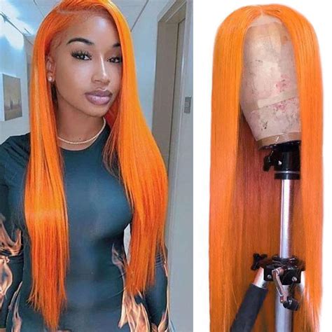 Orange Wigs Human Hair Long Bright Orange Lace Front Wigs Sulmy