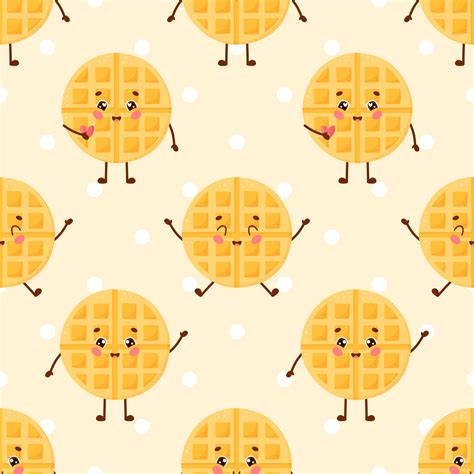 Seamless Pattern Of Cute Dessert Character Cartoon Waffle With