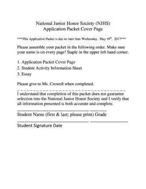 National Junior Honor Society Njhs Application Packet Cover Fill And Sign Printable