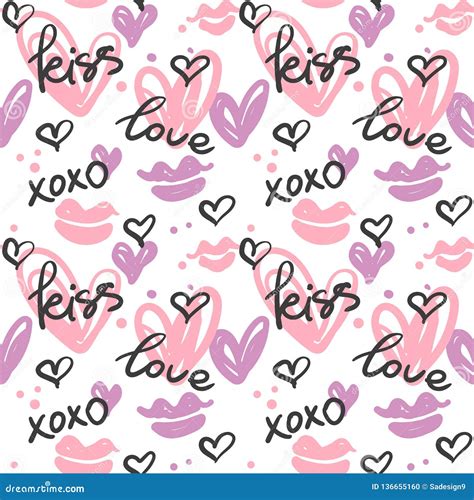 Seamless Pattern With Hand Painted Hearts Kisses And Words Love Kiss Xoxo Stock Vector
