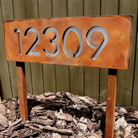 Custom Modern House Numbers Horizontal Rusted Steel And Stainless Ground